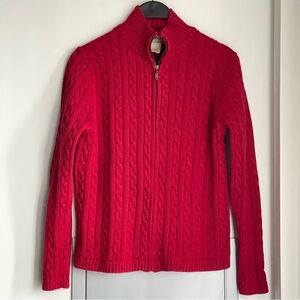 L.L. BEAN Red Cotton Cable Knit Zip-up Cardigan